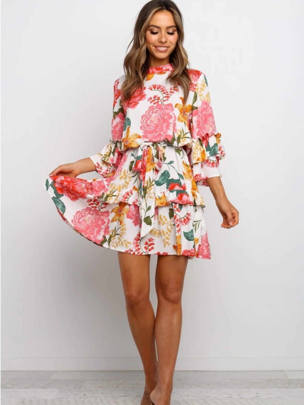 Petal & Pup Floral Ruffle Tie-Waist Mini Dress - Pink, Yellow, Green